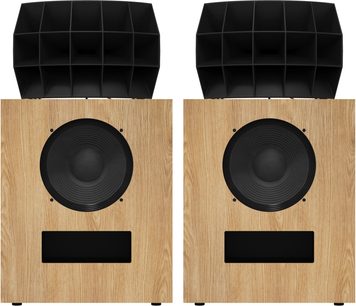 Paar Klipsch kO-R2 boekenplankluidsprekers red oak, licht houten front, zwarte hoorn en woofer