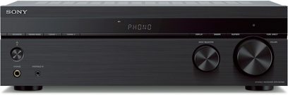 Sony STR-DH190, sedd framifrån, rektangulärt svart hölje, cirkulära knappar, digital skärm, hörlurs- och aux-ingångar