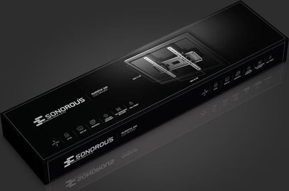 Vægmonteret TV-beslag Sonorous SUREFIX330 sort, set forfra, med flere HDMI- og USB-porte på frontpanelet