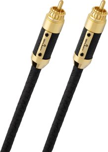 Nærbillede, Oehlbach Black Connection digital 1m sort digital koaksialkabel med tekstureret polymerkappe, afsluttet med to cylindriske guldbelagte metalstik med sorte skrueplader