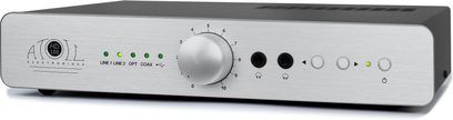 Pré-amplificador para fones de ouvido Atoll Electronique HD100 prata, vista frontal, frente em alumínio escovado, botões e conectores na frente