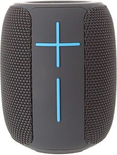 Cassa bluetooth Yourban Getone 25 grigia, vista frontale, superficie testurizzata, pulsanti volume blu a croce sul pannello centrale
