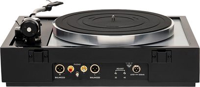 Thorens TD 1600 Plattenspieler mit TP160 schwarz, Rückansicht, Audioanschlüsse, runder Plattenteller, Tonarm