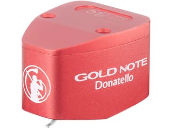 Gold Note Donatello punane vinüülplaadimängija, ümmarguste nurkadega trapetsikujuline alumiiniumkorpus, valge logo peal
