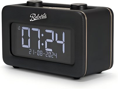 Roberts Revival Rest siyah tahıl deseni suni deri kaplamalı dijital radyo çalar saat, ön yüzünde büyük mavi dijital ekran, ince altın renkli kenarlar, tüp şeklinde tutacak ve üst kısmında iki döner düğme, sağ ön üç çeyrek görünüm