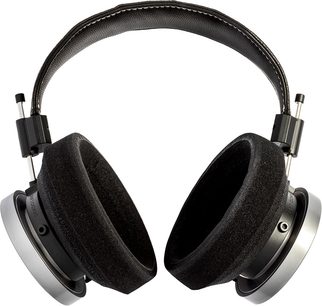 Căști hi-fi deschise cu fir Grado HP100 SE, cu bandă de susținere căptușită neagră, pernițe circulare din spumă și cupe argintii