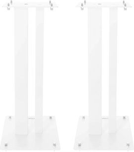 Enova HIFI MAJESTY 60 WH, to hvide højttalerstativer, set forfra, rektangulær base, lodrette stolper, sølvskruer