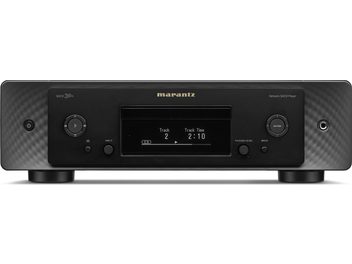 Must Marantz SACD 30n võrgu-CD-mängija musta värvi korpusega, esipaneelil keskne ekraan ja ümmargused juhtnupud tekstuuriga paneelil