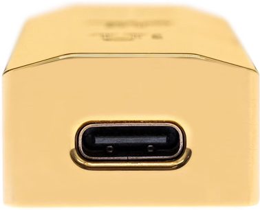 Bærbar iFi Audio Go bar gold lydkonverter, tæt forfra, rektangulært afrundet gylden kabinet, centralt sort USB-C-stik