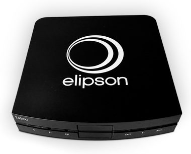 Síťový audio přehrávač Elipson Stream S300 Xi černý, pohled shora, bílé logo na víku, tlačítka a porty na bocích