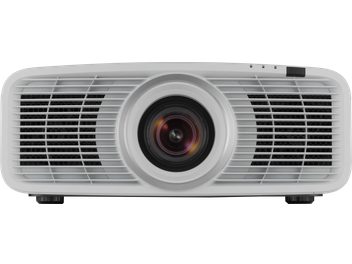 JVC DLA-NZ500W valge videoprojektor, eestvaade, keskne objektiiv, horisontaalsed ventilatsioonirestid, reguleeritavad jalad