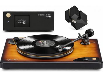 Gramofon MoFi Fender v jantarnih in črnih odtenkih, s ploščo, gramofonsko glavo in predojačevalnikom Gold Note PH-5 2