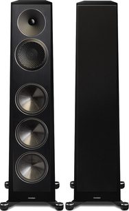 Δύο ηχεία Paradigm Founder 120H σε μαύρο λουστραρισμένο φινίρισμα, μπροστινή όψη, με τρία στρογγυλά μεγάφωνα και ένα tweeter σε κάθε ηχείο