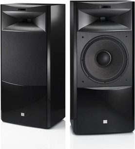 To sorte JBL S4700 gulvhøjtalere, set forfra, med blanke fronter, matte sider og forskudte diskanthøjtalere