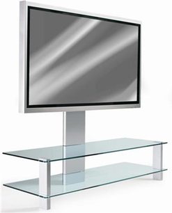 Erard Basik Twist 2495 audio-video møbel i glas og metal, med TV-stander og 2 hylder, set forfra i perspektiv