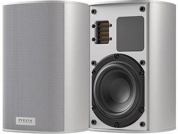 Trådløs tilkoblet høyttaler Piega Ace 30 Wireless (TX + RT) sølv, sett forfra og bakfra, perforert grill, sirkulær høyttaler