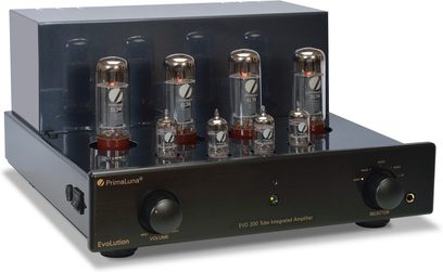 Amplificatore hi-fi a valvole PrimaLuna Evo 200 integrato nero, vista frontale, 8 valvole, selettore, manopole per volume e alimentazione