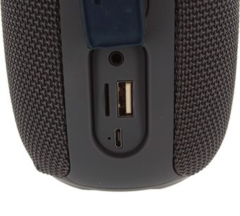 Cassa bluetooth Yourban Getone 25 grigia, vista frontale, porte USB, micro USB, presa jack, slot per scheda SD, tessuto a rete