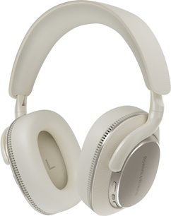 Bowers & Wilkins Px7 S3 bej, mat plastik ve dokulu kumaştan yapılmış kulak üstü kulaklık, üç çeyrek görünüm, uyumlu yastıklı başlık, sol kulaklık açık ve "L" işaretli, sağ kulaklık kapalı ve düğmeler ile USB-C portu içeren