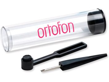 Kit de ajuste e limpeza Ortofon Maintenance set hi-fi, tubo transparente com tampas pretas, escova preta, chave de fenda preta