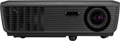 Optoma ES526 sort videoprojektor, set forfra, linse til højre, ventilationsgitter til venstre