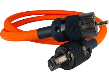 Câble d'alimentation Taga Harmony GTPC-TS 1m, gaine nylon tressée orange, connecteurs noirs translucides, vue oblique