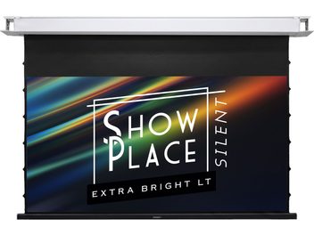 Οθόνη προβολής Lumene Show Place Silent Extra Bright LT 270C ξεδιπλωμένη με λευκή κασέτα και μαύρο τυπωμένο πανί