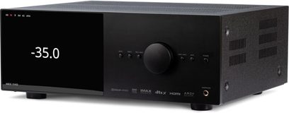 Anthem MRX 740 8K sort hjemmebiograf-forstærker, frontpanel, display "-35.0", knapper og kontrolhjul, frontvisning