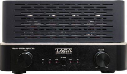 Rørforstærker Taga Harmony TTA-500 i sort, set forfra, sort perforeret frontgitter, knapper og stik på forsiden