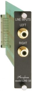 LINE-10 Erweiterungskarte mit zwei vergoldeten RCA-Eingängen, beschriftet mit "LEFT" und "RIGHT" auf schwarzem Panel, Seitenansicht