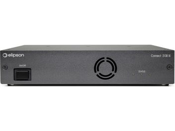 Integrovaný stereo hi-fi zesilovač Connect 2130 Xi, pohled zepředu, černý obdélníkový kryt, vypínač, kruhová mřížka, 3 kontrolky