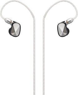 Astell&Kern Pathfinder hvite intra-auriculære hodetelefoner, ovale svarte øreklokker, gjennomsiktige bøyler, forfra