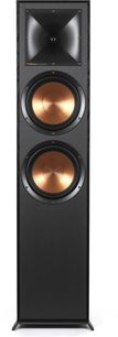 Enceinte colonne Klipsch R-820F noire, vue de face, avec deux haut-parleurs circulaires cuivrés et un tweeter rectangulaire noir