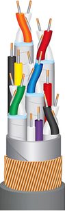 Flerfarvede elektriske kabler af forskellige længder, med isolering og cylindriske stik i enderne, arrangeret lodret på en cylindrisk holder med orange og hvide striber