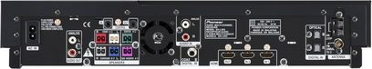 Sort Pioneer LX03BD hjemmebiografsystem, bagsigte der viser HDMI-, optiske og koaksiale audio/video-stik