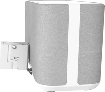 Uchwyt głośnikowy Cavus CMDH350W z głośnikiem Denon Home 350, widok z przodu, uchwyt zamocowany po lewej stronie głośnika