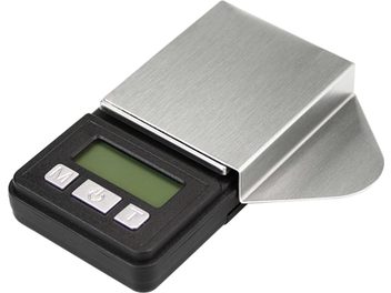 Balance électronique noire Enova HIFI BPC 5 avec écran LCD vert, 4 boutons et surface en métal brossé, vue de 3/4 avant