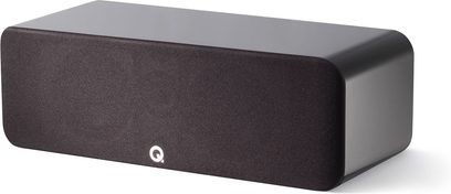 Q Acoustics Concept 90 sort, højglans lakeret centralhøjttaler, set forfra, med afrundet rektangulær form og mat sort lakeret finish