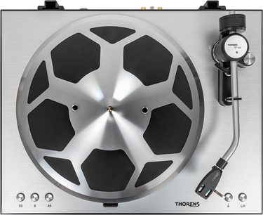 Thorens TD 404 DD pladespiller i børstet aluminium, gennembrudt sølv- og sort pladetallerken, set ovenfra