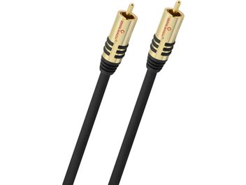 Oblique close-up of the Oehlbach NF Sub 5 m subwoofer cable, black PVC sheath, two gold-plated metal male RCA connectors with black anti-slip grooves and red logo