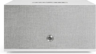 Coluna inteligente Audio Pro C10 MKII W branca, grelha cinzento-clara com logótipo central e controlos na parte superior