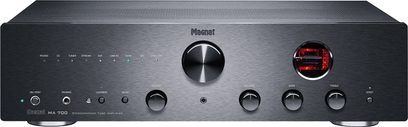 Magnat MA 700 rørforstærker, stereolydforstærker, frontpanel i børstet mørkegrå, sølvfarvede knapper, blåt display