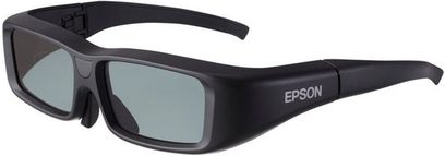 Epson ELPGS01 melnas 3D brilles, skats no trīs ceturtdaļām, nolokāmi sānu rāmji, tumši pelēki taisnstūra stikli