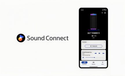 Composizione su sfondo grigio chiaro, logo circolare tricolore “Sound Connect” a sinistra, smartphone nero in vetro e metallo visto di fronte a destra che mostra l’interfaccia dell’applicazione di controllo audio
