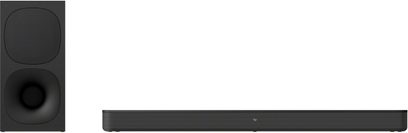 Sony HT-S400 soundbar sort, set forfra, rektangulær form, perforeret gitter, subwoofer til venstre, cirkulær højttaler