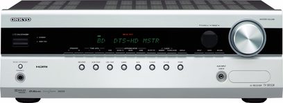 Onkyo TX-SR308 sølvfarvet hjemmebiograf-forstærker, set forfra, blå display "BD DTS-HD MSTR", knapper og stik på forsiden