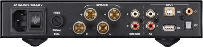 Amplificatore hi-fi stereo integrato Nuprime IDA-9, pannello posteriore in metallo nero, morsetti per altoparlanti, RCA, USB, presa di alimentazione