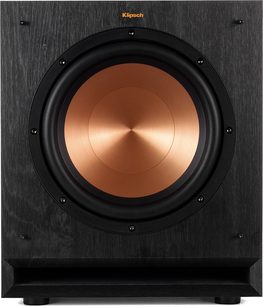 Klipsch SPL-100 subwoofer, frontvisning, sort tekstureret kabinet, cirkulær kobberhøjttaler, sort kant, synlige fødder