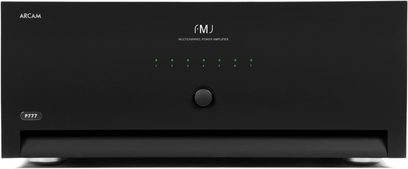 Arcam FMJ P777 sort effektforstærker, set forfra, 6 grønne LED'er lyser, sort drejeknap i midten