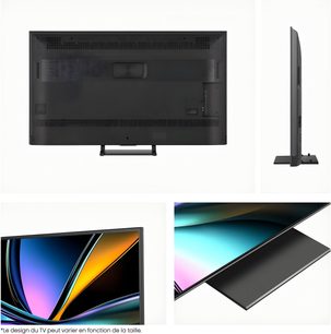 Hisense 55U7Q Pro TV i svart, tynn metallramme, plastbakside, flatt sentralt ben, bak- og sidevisninger
